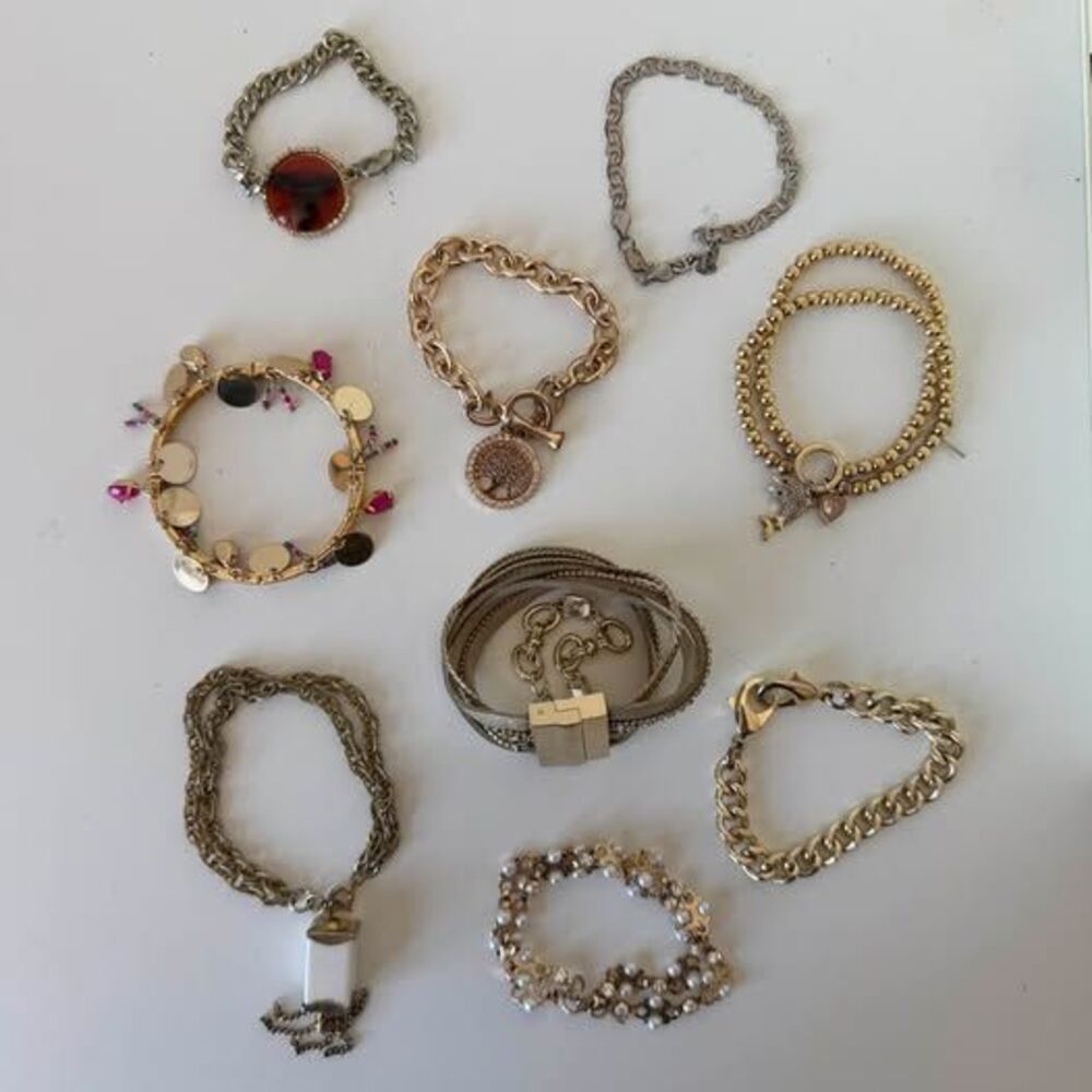 Lot of 9 Statement Bracelets – Golden Chains, Faux Pearl, Charms & Layered Cuffs